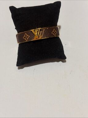 Stainless 18k gold plated Statement Brown Monogram Bracelet wide